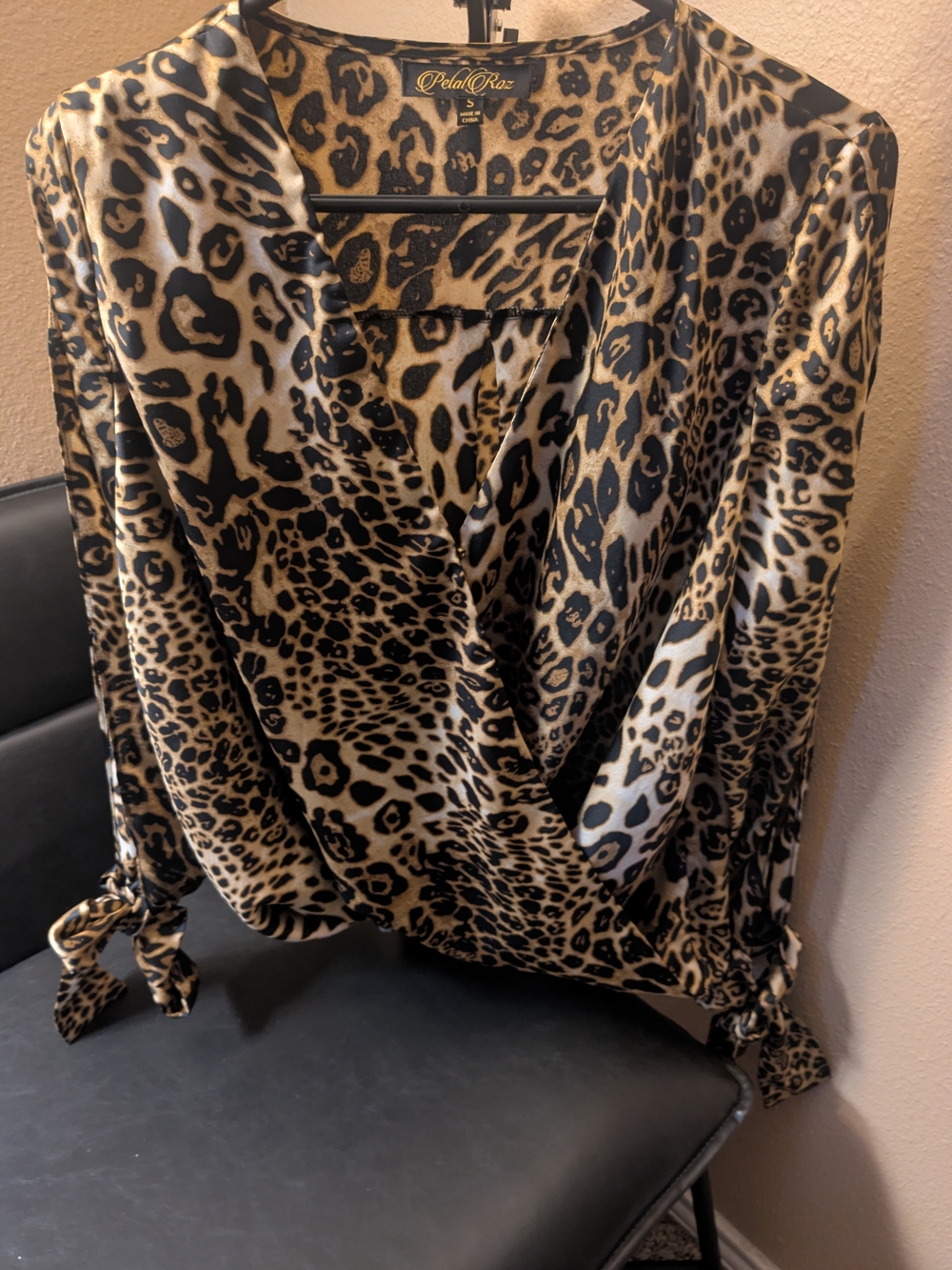 Petal Roz Leopard-Print Wrap Blouse - With Slit Sleeves That Tie Brown & Black S